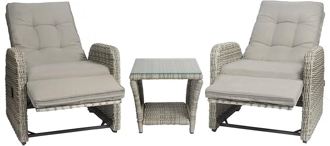 Elle Decor Vallauris Patio Outdoor Furniture Collection, Premium All Weather Wicker, 3 Piece Reclining Set, Gray
