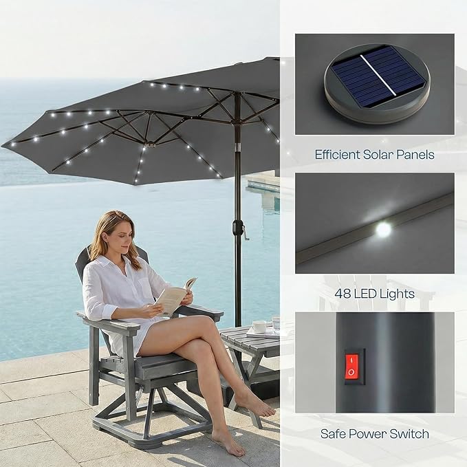 15ft Large Patio Umbrella with Solar Lights and Base, Double-Sided Outdoor Rectangle Umbrella with 48 LED Lights, Market Table Umbrellas with UV Resistant Canopy, Gray
