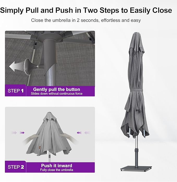 PURPLE LEAF 10 X 10 FT Semi-Auto Outdoor Patio Umbrella with Base Market Table Sun Umbrellas with 8 Aluminum Sturdy Ribs for Backyard Deck Garden Pool (Silver Pole Gray Canopy)