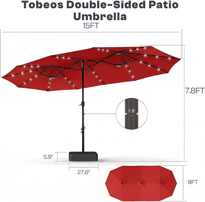 15ft Large Patio Umbrella with Solar Lights and Base, Double-Sided Outdoor Rectangle Umbrella with 48 LED Lights, Market Table Umbrellas with UV Resistant Canopy