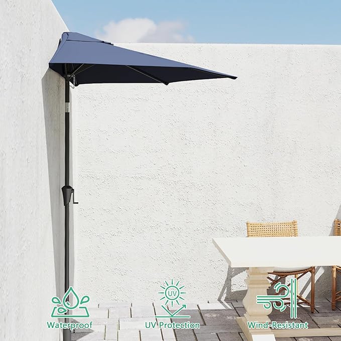 Helios&Hestia 9 ft Small Half Round Wall Outdoor Market Patio Umbrella with Tilt and Crank for Garden, Deck, Balcony