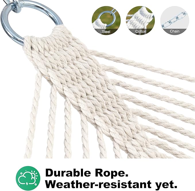 Rope Hammock 2 Person Traditional Hand Woven Outdoor Cotton Hammocks with Hardwood Spreader Bar, Max 450 lbs Capacity (Natural Beige, Large)
