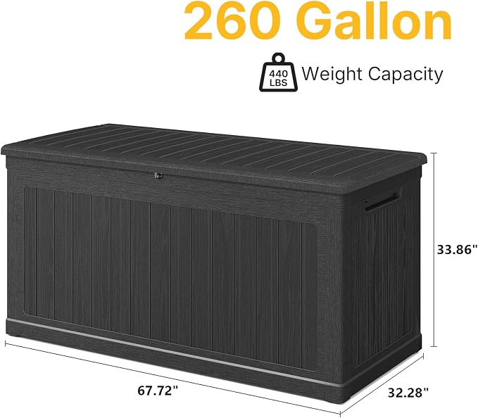 Skepphlay 260 Gallon Deck Box Extra Large, Outdoor Storage Box Lockable, Patio Storage Box Waterproof and UV Resistant, 440lbs Load Capacity for Garden, Patio, Pool (Black)