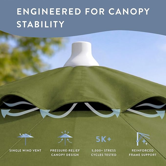 California Umbrella 10-Year Protection 9 Ft Outdoor Patio Umbrella, Pacifica Fade-Resistant Fabric, Auto-Tilt, Heavy Duty Aluminum Frame, 8 Reinforced Ribs for Pool or Deck, White Pole, Palm