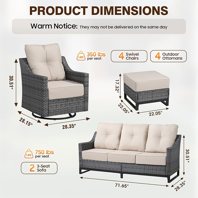 10 Piece Patio Furniture Set, 360°Swivel Glider Patio Chairs Set of 4, Outdoor 4 Ottomans and 2 Sofas, Comfortable Seating with 6 Inch Thick Cushions, All-Weather Wicker Outdoor Patio Set
