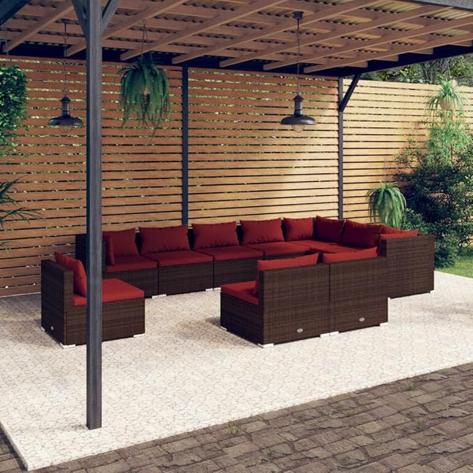 10 Piece Patio Lounge Set with Cushion, Furniture Conversation Sets Patio Lounge Set Outdoor Patio Sectional Piece Patio Set s Poly Rattan Brown