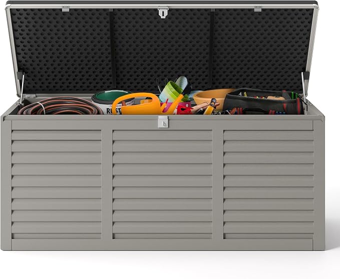 HUGROVE Resin Deck Box, 130 Gallon Outdoor Storage Box with Lockable Lid, Waterproof Patio Storage for Garden Tools & Outdoor Accessories (Light Gray)