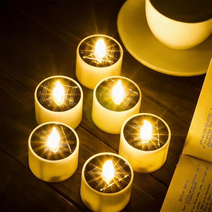 SoulBay 6pcs Solar Power Tea Lights Outdoor Candle Flameless Flicker IP65 Waterproof Rechargeable LED Candles with Dusk to Dawn Sensor for Lantern Garden Camping Party Home Decorations, 2.3" x 2"
