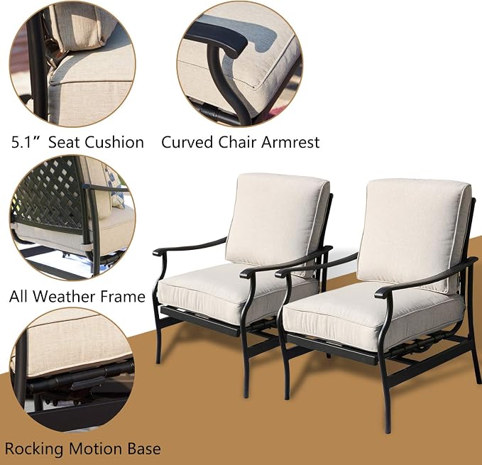 Patio Conversation Set Outdoor Furniture Sets CSA Certification 50,000 BTU 33.9 Inch Propane Fire Pit Table with Rocking Chairs (5 Pcs,Beige)