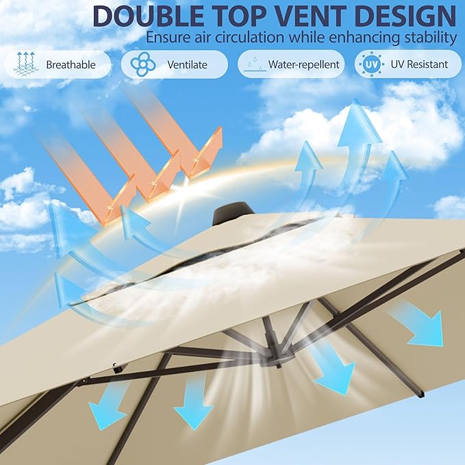 9' X 12' Cantilever Patio Umbrella Rectangle Outdoor Umbrella with Base Included, 6-Level Tilt & 360° Rotation Offset Umbrella for Garden, Deck, Pool (Beige)