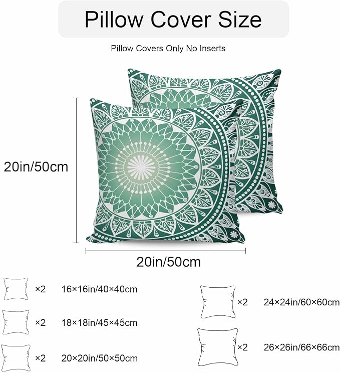 Vandarllin Outdoor Throw Pillows Covers 26x26 inch Set of 2 Waterproof Green Boho Floral Decorative Zippered Cushion Covers for Patio Furniture, Bohemian Sacred Space Art Lumbar Pillowcases