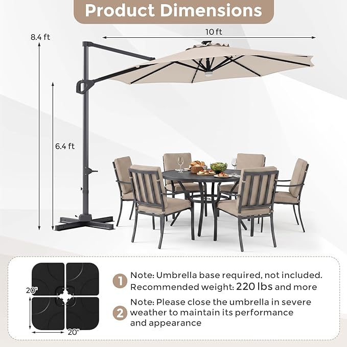 Tangkula 10ft Patio Umbrella with Solar Lights, Offset Cantilever Square Outdoor Umbrella with 35 LED Lights, Aluminum Pole, 360 Degree Rotation, Tilt Adjustment, Air Vent for Pool Deck Yard (Beige)
