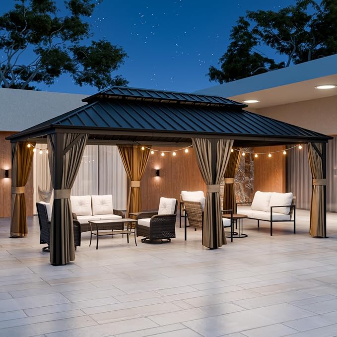 EAGLE PEAK 12x20 Hardtop Gazebo, Galvanized Steel Double Roof with Aluminum Frame, Outdoor Pavilion with Netting and Curtains for Patio, Deck, Lawn and Garden, Dark Brown/Tan
