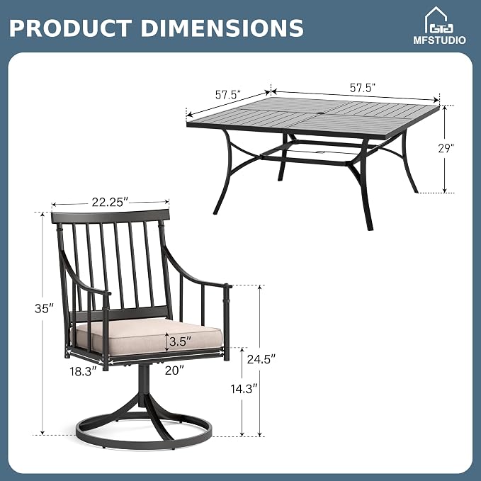 MFSTUDIO 9-Piece Patio Dining Set, Swivel Metal Chairs, Umbrella Hole | 57.5" Square Metal Table, Removable Cushions