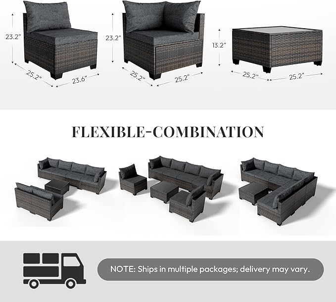 WWR Patio Furniture Set - All-Weather,Water-Resistant - 7 Piece Patio Wicker Rattan Sectional Sofa, Modular Outdoor Conversation Set for Backyard, Garden, Poolside, Balcony, Brown/Navy Blue