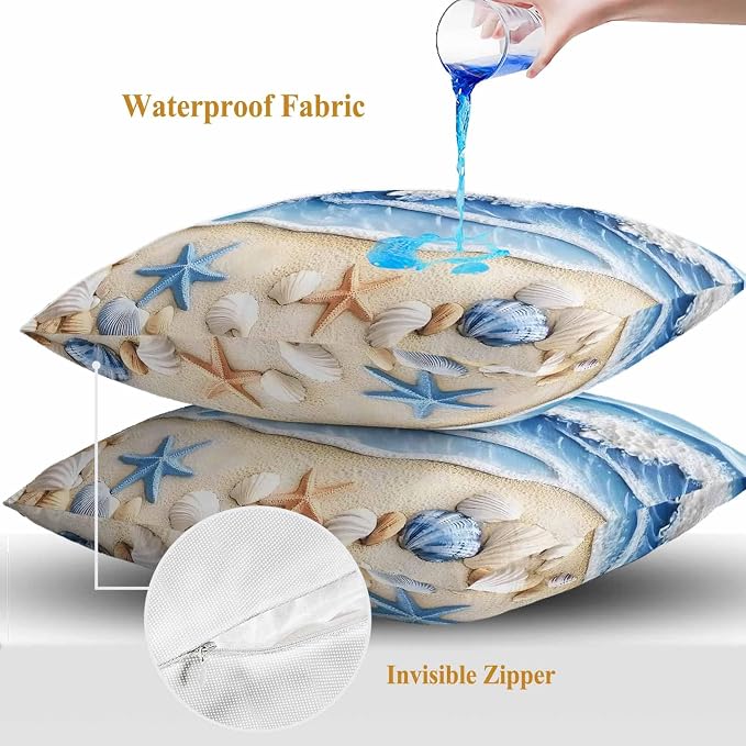 Summer Beach Outdoor Waterproof Throw Pillow Covers Set of 2, 26"x26", Seashell Starfish Nautical Coastal Decorative Pillow Covers Outside Cushion Case for Patio Porch Garden