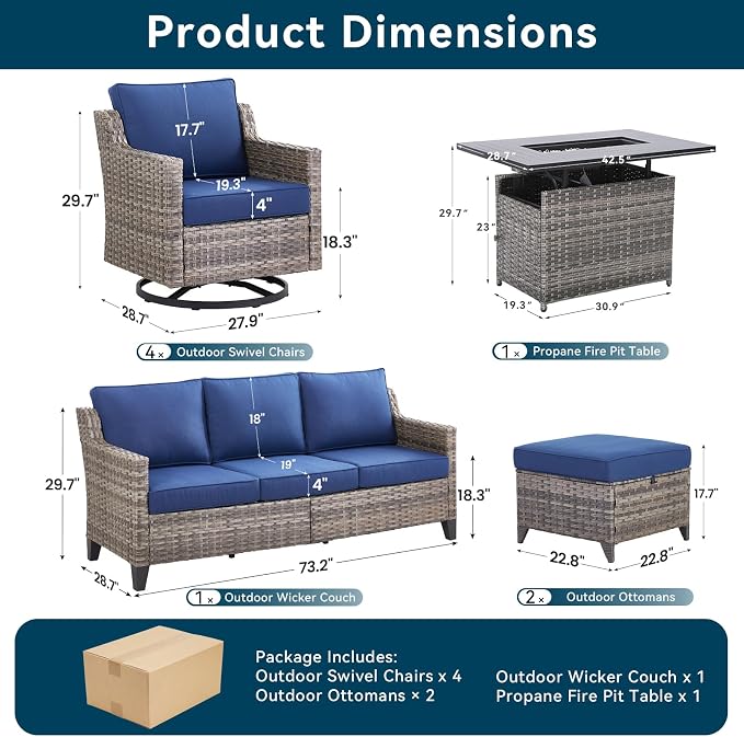 Patio Furniture Set with 42.5" Fire Pit Table-8 Pieces All Weather Wicker Outdoor Furniture with High Back Swivel Patio Chairs Set of 4 Outdoor Patio Conversation for Deck Garden Blue/Gray