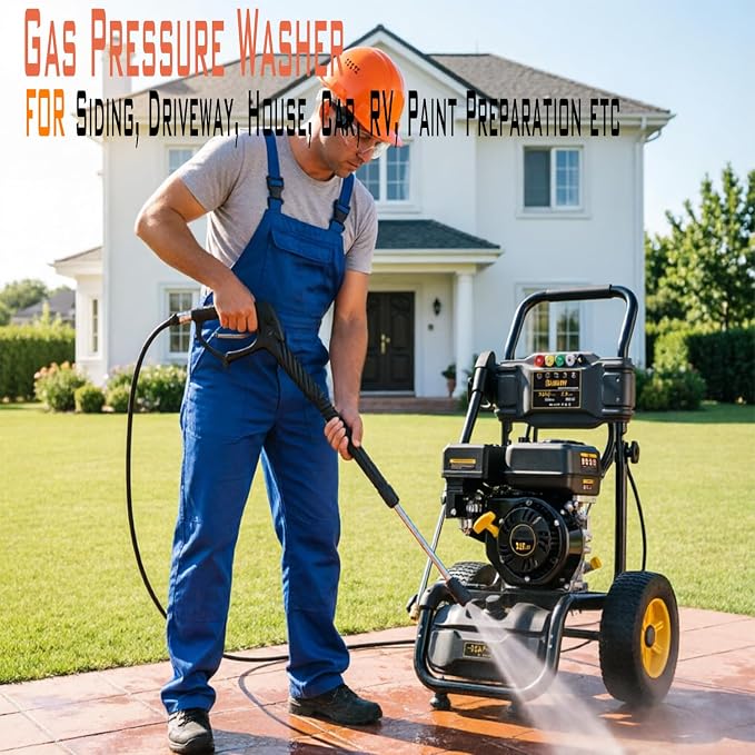 Gas Pressure Washer, 3500 PSI &2.6 GPM Power Washer, 30 ft Hose&Soap Container, 5 Adjustable Nozzles, Cleaning for Driveway/Concrete/Vinyl Fencing, CARB&EPA CERT