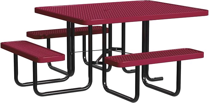 Leisure Craft Metal Picnic Table with Bench - 46" Square Outdoor Dining Table with Umbrella Hole, Heavy Duty Thermoplastic Coating, ADA Compliant, Commercial Grade Furniture Made in USA - Burgundy