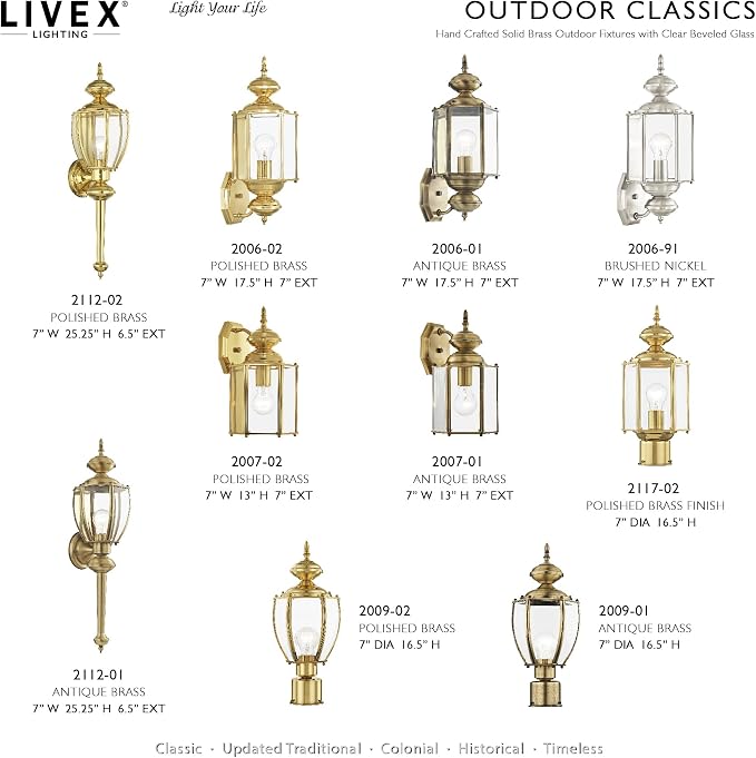 Livex Lighting 2007-02 Outdoor Wall Lantern, Polished Brass | Clear Beveled Glass Shades