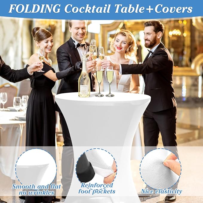 2 Sets 32in Round Folding Cocktail Tables with Spandex Stretch Table Covers for Indoor Outdoor Use Portable Ideal for Parties Events Dining and Gatherings (White Set+2cloth)
