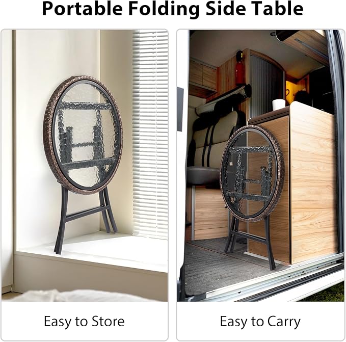 19in Modern Round Rattan Folding Glass Outdoor Side Table, Small Patio Table with Tempered Glass Top