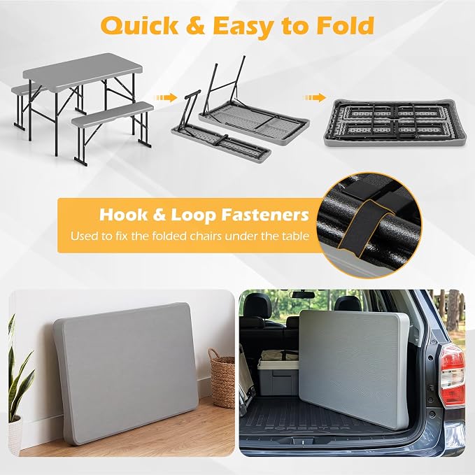 Giantex Folding Picnic Table Set w/ 2 Benches, 44" HDPE, Gray | Foldable Table & Chairs, All Weather Resistant, Space-Saving & Portable for Camping Party Dining BBQ, Large Weight Capacity