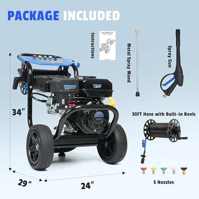 3600PSI Gas Powered Pressure Washer, 212CC/2.3GPM/7HP/4-Stroke Portable Gas Power Washer with 5 Quick Connect Nozzles, 30FT Hose with Reel, Soap Tank, Gas Pressure Washer for Car Driveway Paint Prep