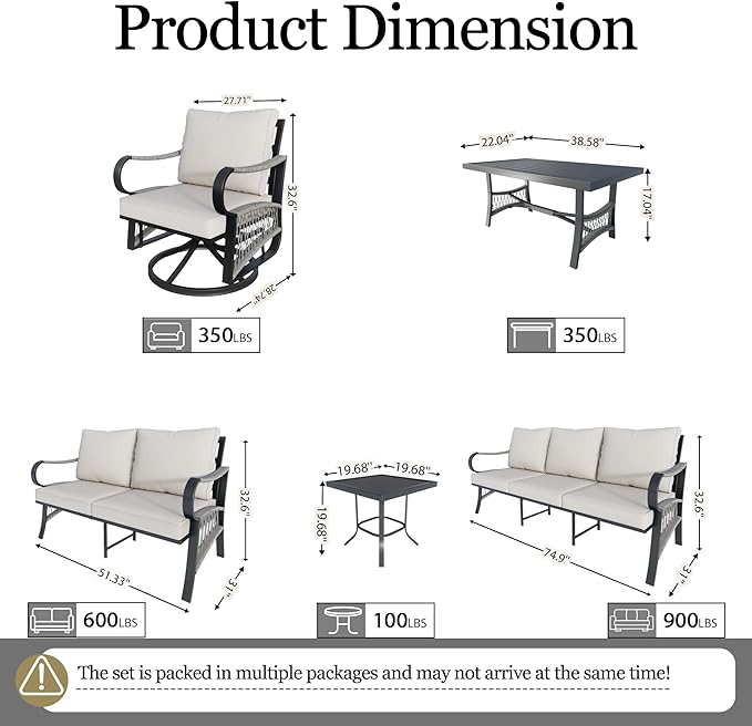 6 Pieces Patio Conversation Sets, All-Weather Metal Swivel Rocking Chairs with Rope Furniture Set, Outdoor Sofa Couch for Deck, Porch, Garden, Backyard, Poolside (Beige Cushions)