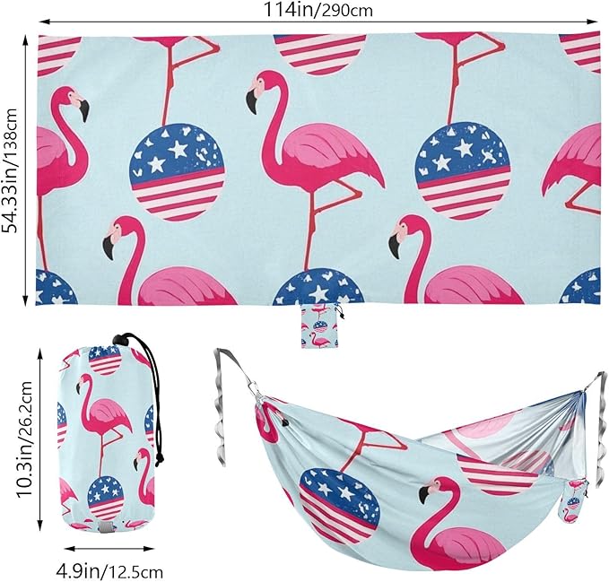 4th of July Independence Day Pink Flamingos 330lb Capacity Camping Hammock with Hanging Rope Backyard Hammock for Outside Beach Patio Garden hamacas para adultos