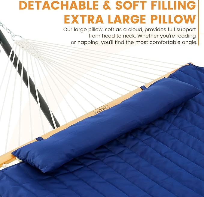 Lazy Daze Hammocks Rope Hammock with Pad, Spreader Bar, Carabiners, Tree Straps, Chains for Outside Patio- Max 450 Lbs, Navy Blue