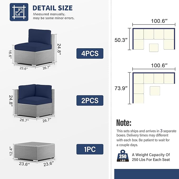 SUNCROWN Outdoor Patio Furniture Set 7 Piece Outdoor Sectional Sofa Grey Wicker Conversation Sofa Set with Coffee Table, Cushions and Waterproof Cover,Dark Blue