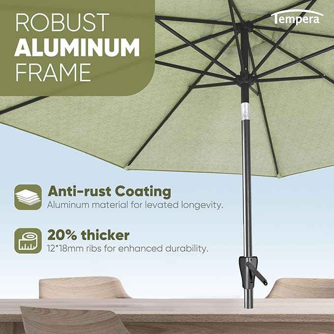 Tempera Patio Market Outdoor Table Umbrella with Push Button Tilt and Crank, Large Sun Umbrella with Sturdy Pole & Fade Resistant Canopy, Easy to Set