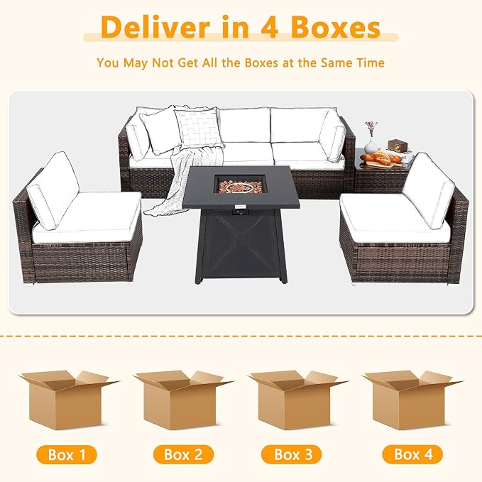 Tangkula 7 Piece Patio Furniture Set w/Fire Pit Table, Patiojoy Outdoor Rattan Conversation Sofa Set w/30 Square Propane Fire Pit Table, 50,000 BTU Heat Output, Protective Cover Included (Navy)