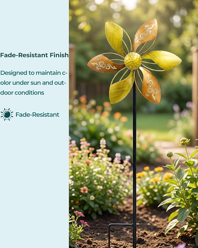 2 Pack Metal Wind Spinners, 37" Kinetic Yard Decor | Smooth Rotation, Rust-Resistant Finish, Tool-Free Setup, Elegant Floral Design