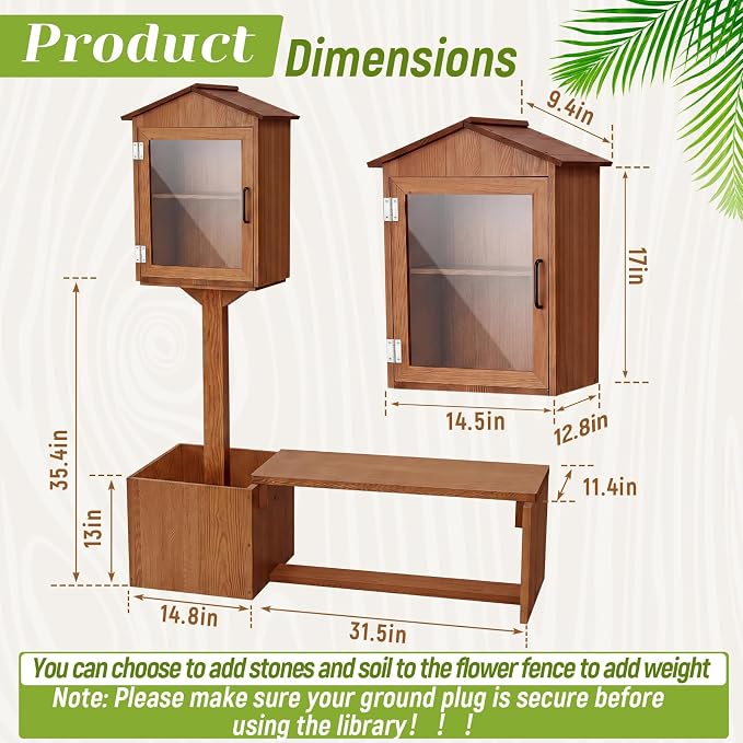 Wonderjune 3-in-1 Little Library Box Outdoor with Bench & Planter DIY Paintable Lending Free Library Pine Wood Neighborhood Share Box Ground Mount Kit for Yard Garden Community School(Dark Brown)
