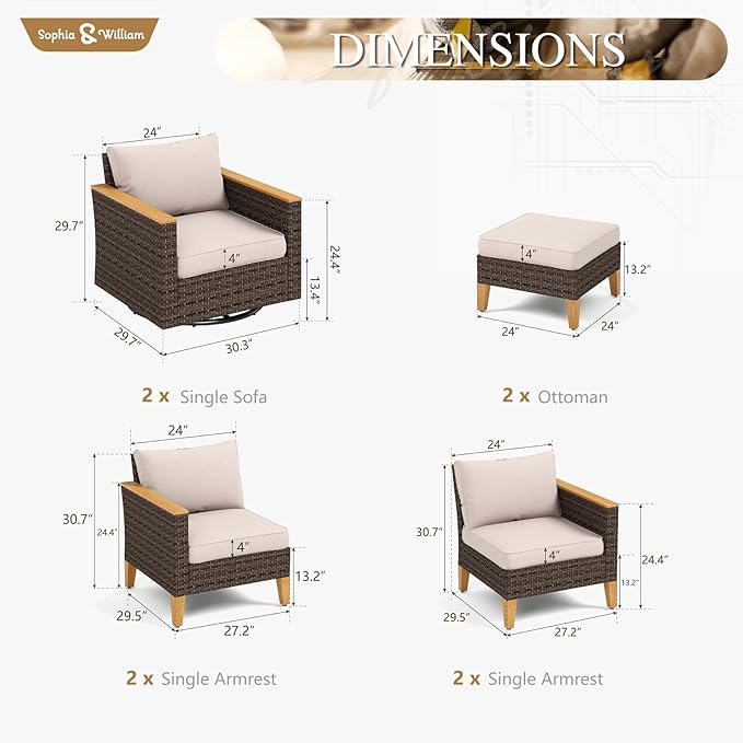 Sophia & William Patio Furniture Set with Swivel Chairs, 8 Piece Outdoor Wicker Sectional Furniture Modular Sofa Couch, Conversation Set for Deck Backyard Lawn, Beige