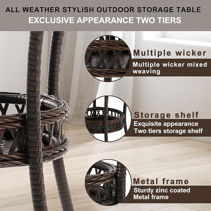 Outdoor Side Table Set of 2 Wicker End Table for Patio Rattan Side Table for Outside Brown Outdoor Patio Coffee Table with Storage & Glass Table Top Round for Backyard Porch