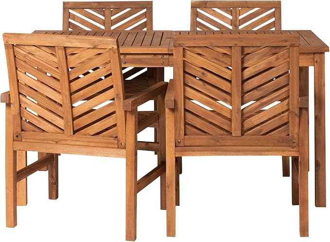 Walker Edison 4 Person Outdoor Wood Chevron Patio Furniture Dining Set Table Chairs All Weather Backyard Conversation Garden Poolside Balcony, 5 Piece, Brown