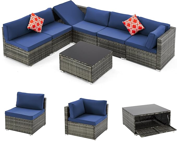 7 Piece Patio Furniture Set with Adjustable Bracket Wicker Rattan Patio Conversation Sets Outdoor Sectional Sofa Set with Wood Table and Cushions for Porch Lawn Garden, Navy Blue
