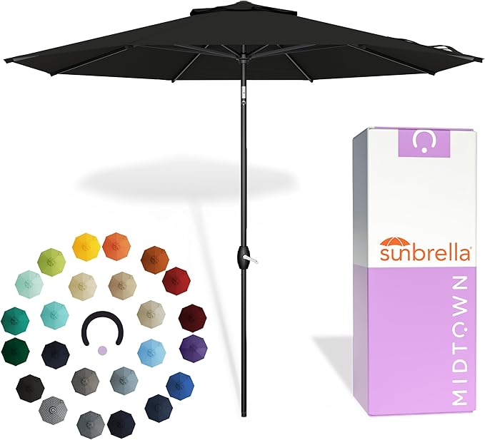 Midtown Umbrellas - The Lean 9 Ft Patio Umbrella with Fade-Resistant Sunbrella Fabric, Auto-Tilt Aluminum Frame and 8 Reinforced Ribs for Deck, Pool & Garden - Black Canopy, Black Pole