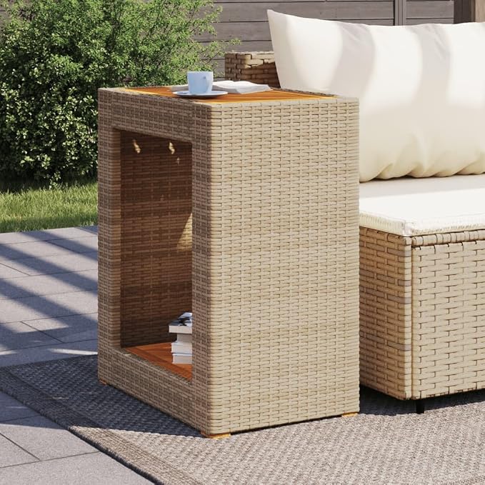 Patio Side Table with Wooden Top Beige 23.6"x15.7"x29.5" Poly Rattan Outdoor End Small Coffee Table for Patio Furniture, Garden, Backyard, or Living Room