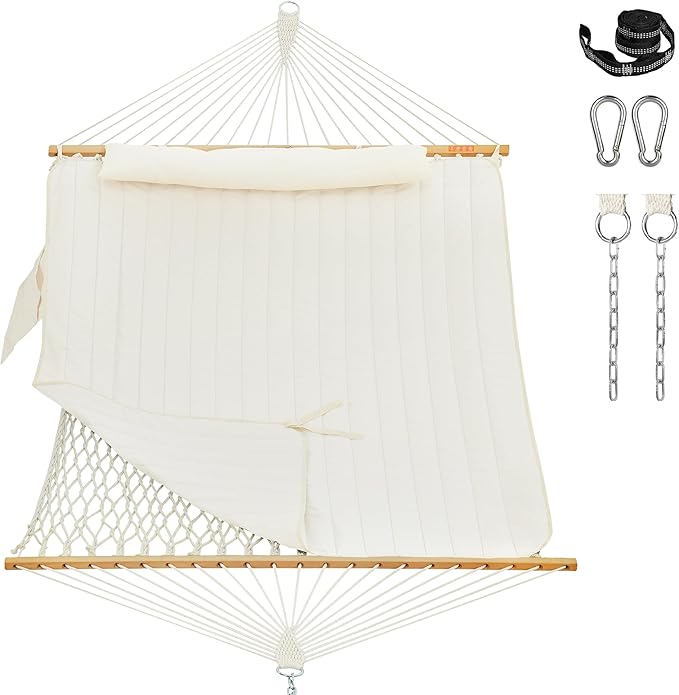 Lazy Daze Hammocks Rope Hammock with Pad, Spreader Bar, Carabiners, Tree Straps, Chains for Outside Patio- Max 450 Lbs, Cream