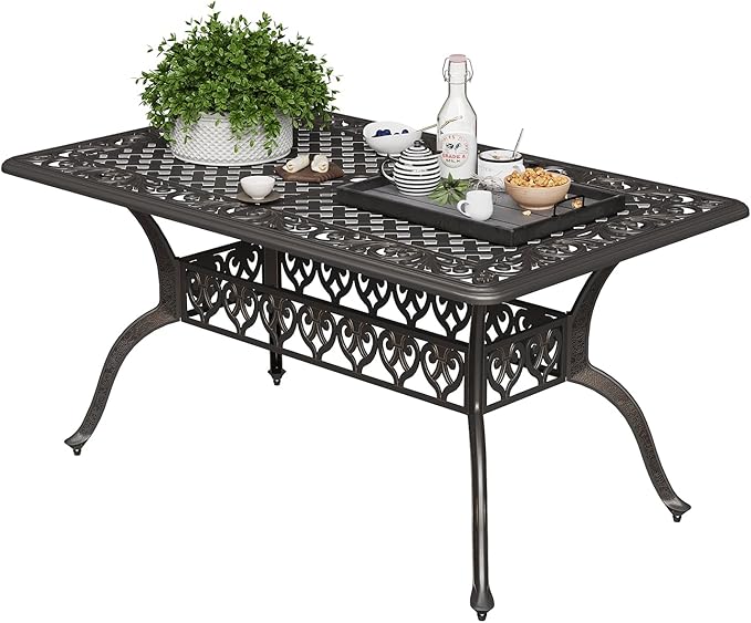 GarveeLife Cast Aluminum Outdoor Dining Table, 59 in Patio Dining Table with 2 in Umbrella Hole and Adjustable Foot Pads for Garden, Backyard, Deck, Dark Bronze