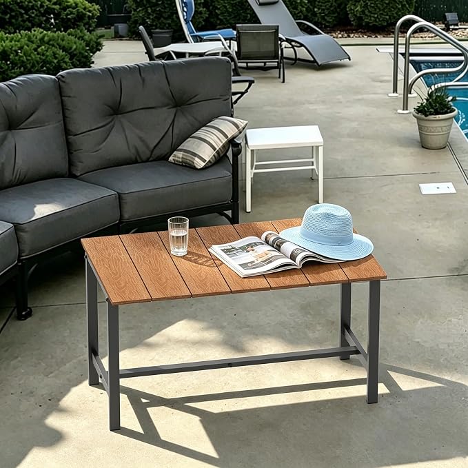 mapleway 33" Rustic Outdoor Coffee Table, Natural Wood Slat Top with Heavy Duty Metal Frame, Weather Resistant Patio Table for Garden Deck Balcony Porch, Simple Assembly, Wood Color
