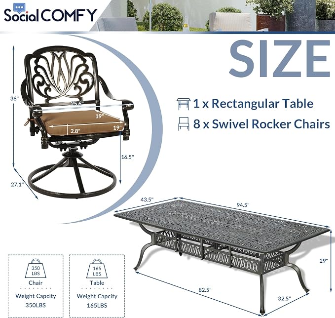 9-Piece Patio Cast Aluminum Dining Set, Outdoor Dining Furniture Set for 8 Person, Includes 94.5" Rectangular Dining Table and 8 Swivel Chairs with Umbrella Hole for Deck Garden, Tan