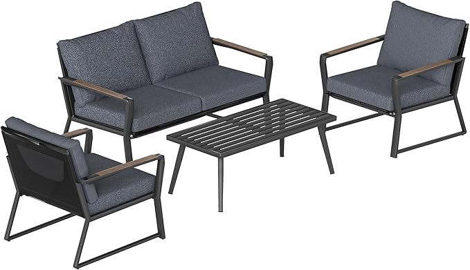 Outsunny 4 Piece Patio Furniture Set, Aluminum Conversation Set, Outdoor Garden Sofa Set with Armchairs, Loveseat, Center Coffee Table and Cushions, Dark Grey