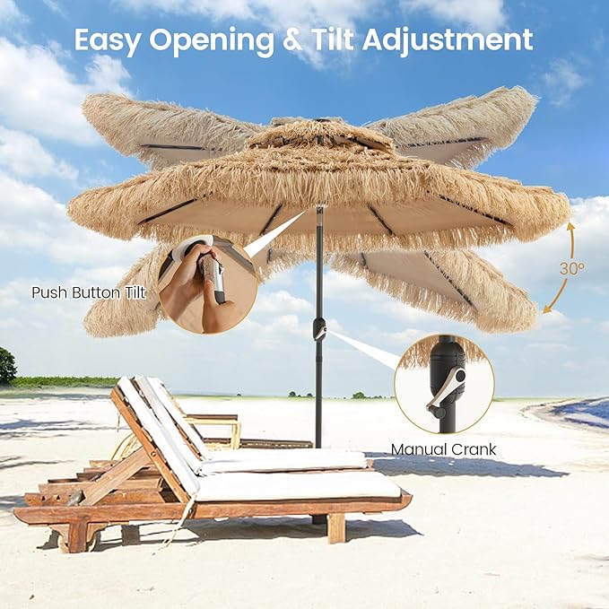 Tangkula 9 ft Thatched Patio Umbrella, 2 Tier Hawaiian Style Grass Beach Umbrella with 32 Led Lights, Center Light, Solar Tiki Umbrella with 8 Ribs, Tilt Adjustment, Manual Crank for Backyard Pool