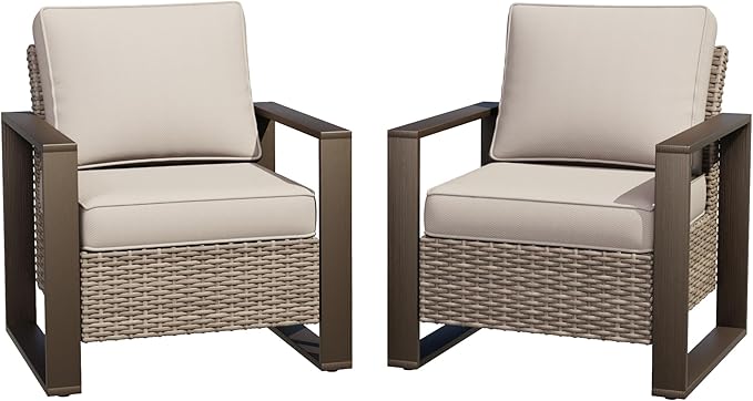 Joyside Outdoor Patio Chairs Set, 2 Pieces Wicker Rattan Chairs with Metal Wide Armrest, Thick Cushions and Deep Seating for Garden, Backyard, Porch, Deck