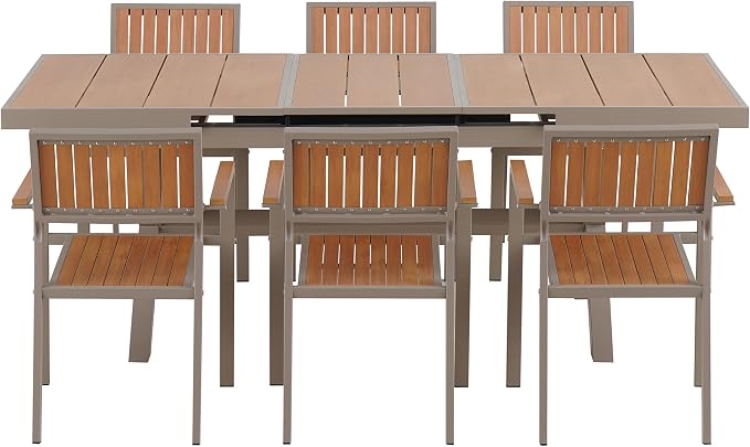 RUNNA Experience Outdoor Dining Freedom with a Flexible Set Including Six Chairs and a Table That Extends from 62.9 to 82.6 Inches for Personalized Arrangements (Camel+Natural@43)